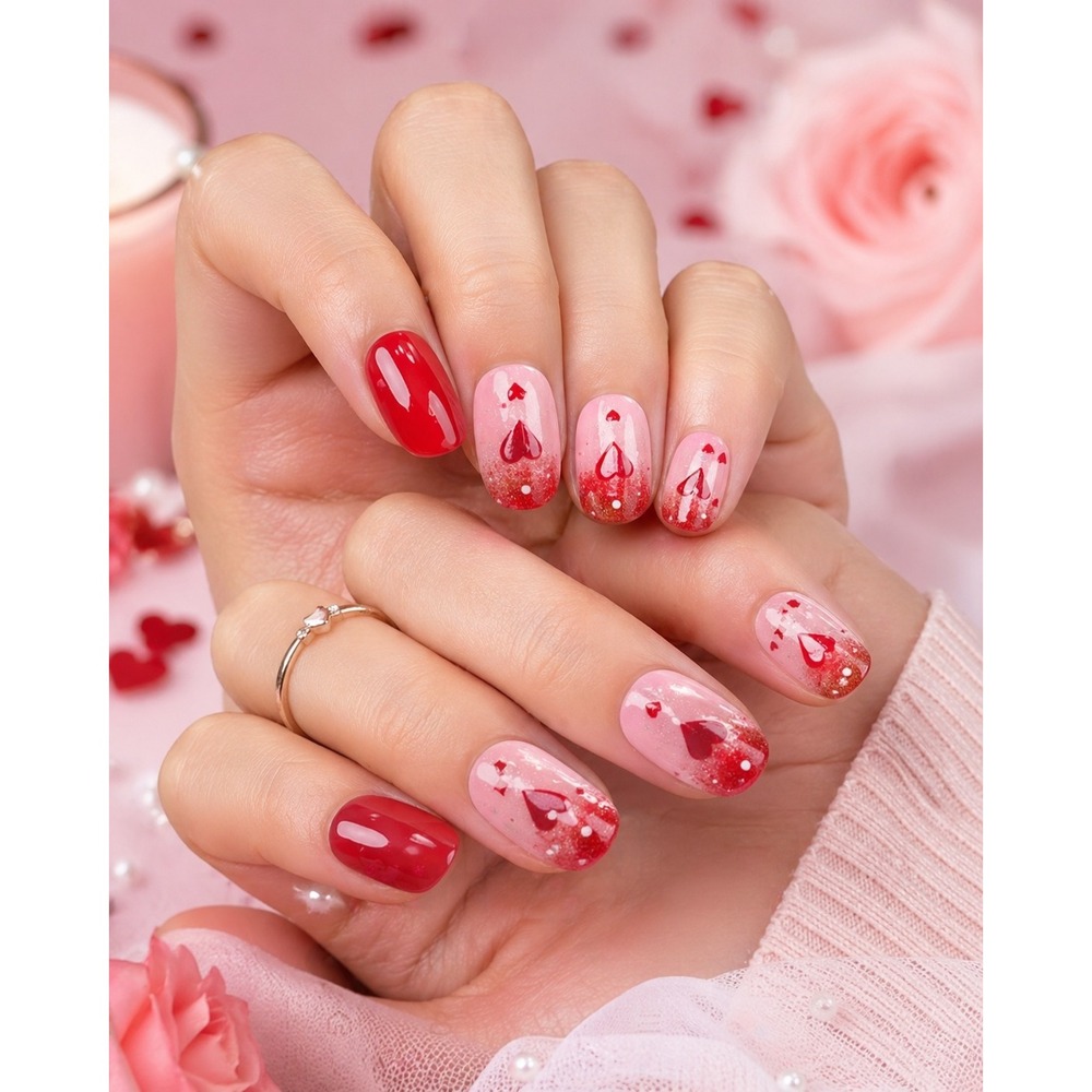 Lnulyaciy Valentines Day Press on Nails Short Almond Heart Pink Red Glitter 24pc